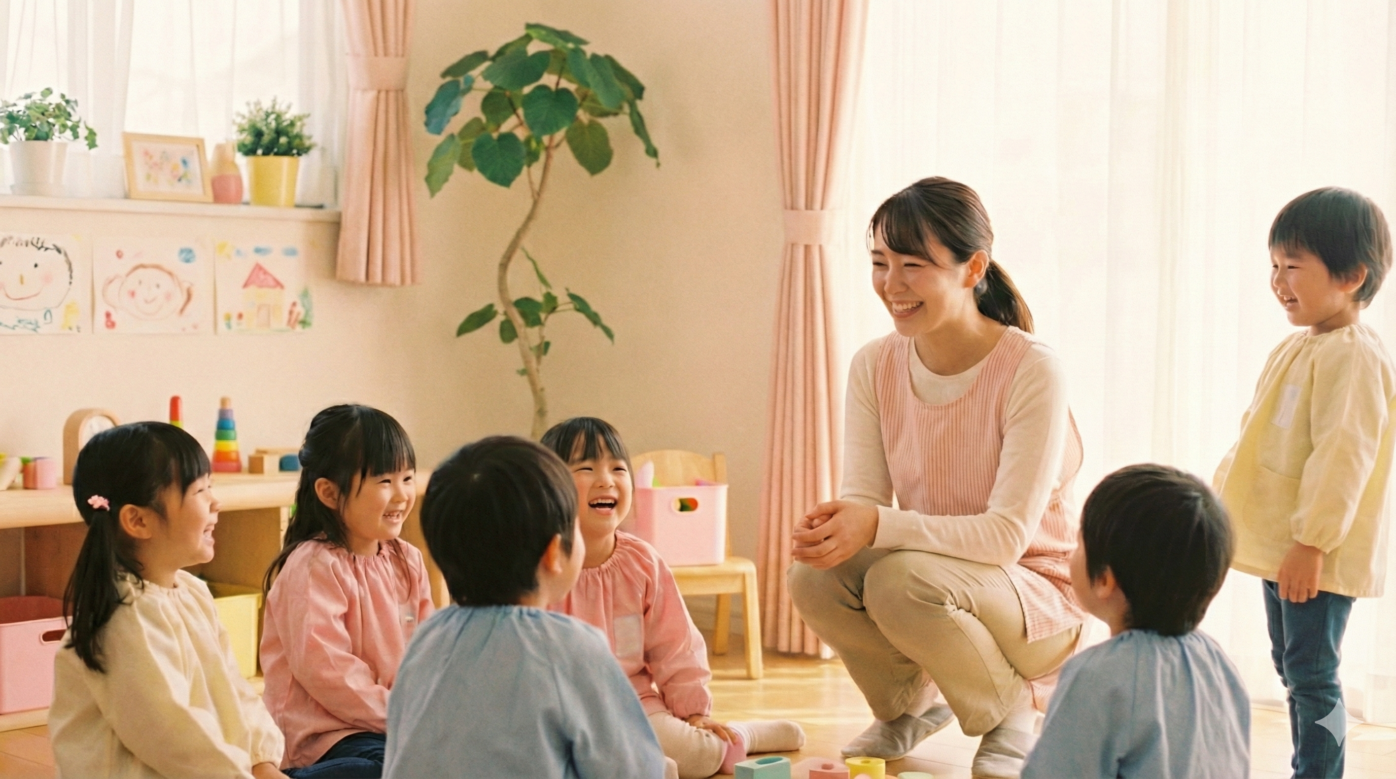 笑顔の保育士と子どもたち